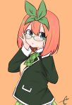  1girl bangs bespectacled black_jacket blue_eyes blush bow breasts brown_background collared_shirt commentary_request eyebrows_behind_hair glasses go-toubun_no_hanayome green-framed_eyewear green_bow green_ribbon green_skirt hair_between_eyes hair_ribbon hands_up highres jacket kujou_karasuma long_sleeves looking_at_viewer looking_to_the_side medium_breasts nakano_yotsuba open_clothes open_jacket pleated_skirt ribbon shirt signature simple_background skirt solo sweater_vest upper_body white_shirt 