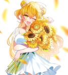  1girl ;d bangs blonde_hair breasts commentary_request dega1028 double_bun dress eyebrows_visible_through_hair flower gradient_hair green_eyes hair_between_eyes hair_flower hair_ornament head_tilt highres holding holding_flower hololive long_hair looking_at_viewer medium_breasts momosuzu_nene multicolored_hair one_eye_closed open_mouth petals pink_hair see-through_sleeves short_sleeves simple_background smile solo streaked_hair sunflower two_side_up virtual_youtuber white_background white_dress white_flower yellow_flower 