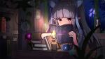  1girl ame. bangs blue_kimono blue_ribbon blurry blurry_foreground blush book book_stack commentary_request covered_mouth depth_of_field eyebrows_visible_through_hair hair_ribbon holding holding_book indoors japanese_clothes kerosene_lamp kimono kyouka_(princess_connect!) long_hair long_sleeves night open_book orb pointy_ears princess_connect! purple_hair ribbon solo staff twintails upper_body violet_eyes wide_sleeves window 