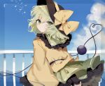  1girl bangs bird black_headwear blue_sky bow closed_mouth clouds cowboy_shot eyebrows_visible_through_hair from_behind green_eyes green_hair green_skirt hat hat_bow heart heart_of_string highres komeiji_koishi long_sleeves looking_at_viewer looking_back outdoors shirt skirt sky solo sorani_(kaeru0768) standing taking_picture third_eye touhou wide_sleeves yellow_bow yellow_shirt 