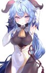  1girl arm_behind_head armpits bare_shoulders bell black_gloves black_legwear blue_hair blush breasts covered_navel detached_sleeves ganyu_(genshin_impact) genshin_impact gloves gold_trim highres horns irohatomo long_hair medium_breasts neck_bell sidelocks violet_eyes vision_(genshin_impact) white_sleeves 