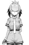  1girl absurdres belt breast_pocket breasts closed_mouth cowboy_shot fingerless_gloves gloves greyscale hair_between_eyes high-waist_shorts highres kemono_friends layered_sleeves long_sleeves looking_at_viewer medium_breasts medium_hair monochrome necktie pantyhose pocket reiga_(act000) shoebill_(kemono_friends) short_over_long_sleeves short_shorts short_sleeves shorts simple_background solo white_background 