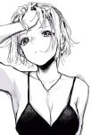  1girl bra breasts bright_pupils closed_mouth greyscale hand_up highres jewelry leo_(reiga) looking_at_viewer medium_breasts monochrome necklace original reiga_(act000) short_hair signature simple_background solo underwear white_background white_pupils 