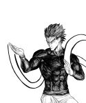  1boy bang_(one-punch_man) closed_mouth commentary covered_abs english_commentary fighting_stance greyscale highres long_sleeves male_focus monochrome one-punch_man pants sanpaku shirt simple_background solo white_background y_naf younger 