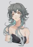  1girl absurdres ahoge artist_name bangs bare_shoulders blue_hair collarbone commentary cropped_torso graykn grey_background grey_hair highres long_hair looking_at_viewer multicolored_hair orange_eyes orange_pupils original parted_lips simple_background solo strapless streaked_hair upper_body 