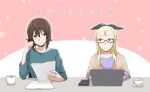  2girls assam_(girls_und_panzer) bangs bespectacled black_ribbon blonde_hair blue_eyes blue_shirt brown_eyes brown_hair casual cellphone closed_mouth coffee coffee_mug commentary computer cup girls_und_panzer glasses green_shirt grey_shawl hair_pulled_back hair_ribbon holding holding_paper holding_pencil laptop light_smile long_hair long_sleeves looking_at_another mug multiple_girls nishizumi_maho paper pencil phone red-framed_eyewear ribbon saucer semi-rimless_eyewear shirt short_hair sitting smartphone smile tea teacup translated under-rim_eyewear yuri yuuhi_(arcadia) 