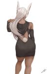  1girl animal_ears artist_name ass bare_shoulders boku_no_hero_academia commentary dark-skinned_female dark_skin highres long_hair mirko rabbit_ears rabbit_tail savagexthicc simple_background superhero tail white_background white_hair 