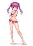  1girl absurdres alice_gear_aegis aomoro bangs bare_arms bare_legs bare_shoulders barefoot bikini blush breasts closed_mouth commentary_request crossed_arms eyebrows_visible_through_hair frilled_bikini frills full_body highres ichijou_ayaka long_hair looking_at_viewer navel pink_bikini purple_hair sidelocks simple_background small_breasts smile solo standing stomach swimsuit twintails violet_eyes white_background 