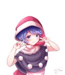  1girl bangs black_dress black_sleeves blue_eyes blue_hair blush closed_mouth doremy_sweet double_v dress evermythic eyebrows_visible_through_hair hands_up hat highres looking_at_viewer pink_headwear pom_pom_(clothes) short_hair short_sleeves signature simple_background smile solo touhou upper_body v white_background white_dress 
