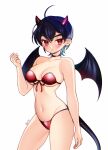  1girl bikini black_hair blush breasts choker cowboy_shot demon_girl demon_tail demon_wings earrings highres horns jewelry loggi looking_at_viewer medium_breasts original parted_lips red_bikini red_eyes short_hair solo swimsuit tail white_background wings 