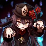  1girl :p bangs black_hair black_nails blurry chinese_clothes commentary_request depth_of_field eyebrows_visible_through_hair flower genshin_impact ghost_pose hair_between_eyes hat hat_flower hat_ornament hitodama hu_tao_(genshin_impact) jewelry long_hair long_sleeves looking_at_viewer ring sidelocks signature smile solo stalkingp symbol-shaped_pupils tongue tongue_out twintails yellow_eyes 