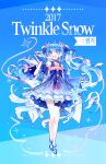  1girl 2017 :d bangs blue_background blue_bow blue_dress blue_eyes blue_footwear blue_gloves blue_hair blue_theme bow commentary detached_sleeves dress earrings fingerless_gloves footwear_ribbon gloves hair_bow hair_ornament hatsune_miku highres holding holding_wand jewelry korean_text long_hair open_mouth ringi smile solo star_(symbol) star_earrings star_hair_ornament striped striped_bow thigh_bow thigh_strap twintails very_long_hair vocaloid wand yuki_miku yuki_miku_(2017) 