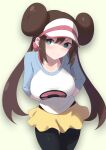  1girl aqua_eyes arms_behind_back bangs black_legwear blush breasts brown_hair closed_mouth collarbone cowboy_shot double_bun green_eyes highres large_breasts long_sleeves momihige pantyhose poke_ball_print pokemon pokemon_(game) pokemon_bw raglan_sleeves rosa_(pokemon) shadow shorts smile solo twintails visor_cap yellow_shorts 