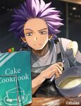  1boy apron artist_name baking bangs black_apron blue_hair boku_no_hero_academia bowl closed_mouth commentary_request cream cream_on_face food food_on_face grey_shirt highres holding indoors looking_at_viewer male_focus powder purple_hair reading shinsou_hitoshi shirt solo spiky_hair tonbanlove twitter_username upper_body violet_eyes 