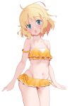  1girl absurdres bangs bare_arms bare_shoulders bikini blonde_hair breasts collarbone commentary_request eyebrows_visible_through_hair gochuumon_wa_usagi_desu_ka? green_eyes groin head_tilt highres jilu kirima_sharo looking_at_viewer navel open_mouth simple_background small_breasts solo swimsuit white_background yellow_bikini 