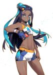  1girl blue_eyes blue_hair cowboy_shot dark-skinned_female dark_skin earrings eyeshadow flat_chest gloves highres holding holding_poke_ball hoop_earrings jewelry looking_at_viewer makeup multicolored_hair navel necklace nessa_(pokemon) poke_ball poke_ball_(basic) pokemon pokemon_(game) pokemon_swsh purple_hair reiga_(act000) short_shorts shorts simple_background single_glove smile solo sports_bra standing stomach two-tone_hair white_background 