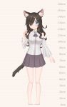  1girl animal_ear_fluff animal_ears ascot bare_shoulders blue_eyes blush brown_hair cat_ears cat_tail closed_mouth detached_sleeves grey_skirt hair_over_one_eye hand_up height_chart highres long_hair long_sleeves looking_at_viewer mao_lian_(nekokao) miniskirt one_eye_closed original pleated_skirt shirt skirt smile solo tail white_shirt 
