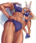  1girl abs absurdres animal_ears armpits biceps boku_no_hero_academia breasts buruma contrapposto crescent_print dark-skinned_female dark_skin full_body hand_on_hip highres long_eyelashes long_hair mirko muscular muscular_female navel rabbit_ears rabbit_girl red_eyes shoes smile sneakers solo sports_bikini standing stomach tan thick_thighs thighs toin_(koto54576897) toned very_long_hair white_background white_hair zooming_in 