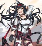  1girl animal_ears arknights armpits belt belt_pouch black_gloves black_hair blaze_(arknights) cat_ears cat_girl cat_tail collarbone commentary cowboy_shot dust_cloud eyebrows_visible_through_hair fingerless_gloves floating_hair gloves graysheartart grey_eyes hairband highres id_card jacket long_hair long_sleeves looking_away open_mouth pouch red_hairband shirt shoulder_strap single_thighhigh sleeveless sleeveless_shirt smile solo tail thigh-highs thigh_strap twitter_username upper_body white_jacket white_legwear white_shirt 