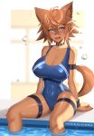  1girl :d animal_ear_fluff animal_ears animal_nose bangs black_choker blacksaikou blue_eyes blue_swimsuit blush breasts choker collarbone commentary dog_ears dog_girl dog_tail english_commentary eyebrows_visible_through_hair eyes_visible_through_hair fangs furry furry_female hair_between_eyes highres large_breasts looking_at_viewer monster_musume_no_iru_nichijou one-piece_swimsuit open_mouth polt pool short_hair smile solo swimsuit tail thigh_strap water 