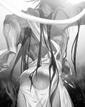  1boy ass extra_arms granblue_fantasy haiki_(tegusu) highres long_hair monochrome shiva_(granblue_fantasy) solo towel_around_waist very_long_hair wet 