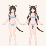  1girl aina_(mao_lian) animal_ear_fluff animal_ears ass_visible_through_thighs bare_arms bare_legs bare_shoulders barefoot blue_bra blue_eyes blue_panties bra breasts brown_hair cat_ears cat_tail highres long_hair looking_at_viewer mao_lian_(nekokao) medium_breasts multiple_views navel original panties ponytail simple_background smile tail underwear underwear_only white_background 