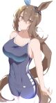  1girl absurdres admire_vega_(umamusume) animal_ears bare_arms bare_shoulders blue_swimsuit breasts brown_eyes closed_mouth cowboy_shot e_sky_rugo ear_covers hair_between_eyes highres horse_ears horse_tail large_breasts long_hair looking_at_viewer one-piece_swimsuit ponytail simple_background solo standing swimsuit tail umamusume very_long_hair white_background 