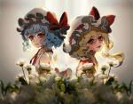  2girls adapted_costume back-to-back backlighting bangs bare_shoulders blonde_hair blue_hair blurry blurry_foreground blush bow closed_mouth depth_of_field dress expressionless eyebrows_visible_through_hair fang fang_out flandre_scarlet flower flower_request from_side gradient gradient_background grey_background hair_between_eyes hat hat_bow highres light_particles looking_at_viewer mob_cap multiple_girls one_side_up parted_lips red_bow red_eyes red_neckwear red_vest remilia_scarlet rose shori_bun short_hair siblings simple_background sisters skin_fang slit_pupils smile touhou upper_body vest white_dress white_flower white_headwear white_rose wing_collar yellow_neckwear 