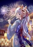  1girl absurdres blue_eyes blurry blurry_background chinese_commentary closed_fan closed_mouth cowboy_shot eyebrows_visible_through_hair fireworks folding_fan fox_mask from_behind genshin_impact hair_ribbon hand_fan highres holding holding_fan japanese_clothes kamisato_ayaka kimono light_blue_hair long_hair looking_at_viewer looking_back mask night red_ribbon ribbon sanana_e solo yukata 