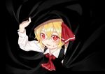  1girl arm_up ascot bangs berabou black_background black_dress blonde_hair blood blood_on_face collar darkness dress eyebrows_visible_through_hair hair_between_eyes hair_ribbon hands_up highres long_sleeves looking_at_viewer looking_up open_mouth red_eyes red_nails red_neckwear red_ribbon ribbon rumia shirt short_hair simple_background smile solo touhou white_shirt 