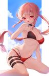  1girl :d absurdres ahoge bangs bare_arms bare_shoulders bikini black_bikini black_choker blush breasts chii_aruel choker clouds collarbone day eyebrows_visible_through_hair fang feet_out_of_frame highleg highleg_bikini highres kuki_panda_(wkdwnsgk13) layered_bikini long_hair looking_at_viewer medium_breasts navel open_mouth pink_hair red_bikini red_eyes sidelocks sitting smile solo soul_worker swimsuit very_long_hair water 