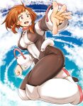  1girl :d absurdres adahcm blue_sky blush_stickers bodysuit boku_no_hero_academia boots breasts brown_eyes brown_hair clenched_hand clouds floating floating_hair full_body high_heel_boots high_heels highres large_breasts open_mouth outstretched_arm short_hair sidelocks sky smile solo sparkle_background superhero thick_eyebrows thick_thighs thighs uraraka_ochako 