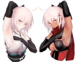  2girls :p ahoge arm_above_head black_sash blush breasts clothing_cutout dark-skinned_female dark_skin detached_sleeves dual_persona fate/grand_order fate_(series) from_side hand_up koha-ace large_breasts long_sleeves looking_at_viewer multiple_girls obi okita_souji_(alter)_(fate) okita_souji_(fate) okita_souji_(fate)_(all) pale_skin pink_hair presenting_armpit red_scarf sash scarf sideboob simple_background smile steaming_body tongue tongue_out ulrich_(tagaragakuin) under_boob underboob_cutout white_background yellow_eyes 