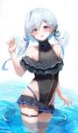  1girl absurdres amane_kanata bangs bare_shoulders black_swimsuit blue_hair blush casual_one-piece_swimsuit collarbone cowboy_shot eyebrows_visible_through_hair frilled_swimsuit frills hair_ornament hair_rings hairclip hand_up highres hololive kabedoru long_hair looking_at_viewer low_twintails multicolored_hair one-piece_swimsuit parted_lips silver_hair simple_background smile solo sparkle swimsuit twintails two-tone_hair violet_eyes virtual_youtuber wading water white_background 