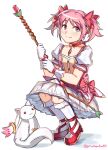  1girl bow bow_(weapon) choker closed_mouth commentary dress eyebrows_visible_through_hair full_body gloves graysheartart hair_bow highres holding holding_bow_(weapon) holding_weapon kaname_madoka kneehighs kyubey looking_at_viewer mahou_shoujo_madoka_magica petticoat pink_bow pink_choker pink_dress pink_eyes pink_hair puffy_short_sleeves puffy_sleeves red_footwear shoes short_hair short_sleeves simple_background skirt smile solo soul_gem squatting twintails twitter_username weapon white_background white_gloves white_legwear white_skirt 