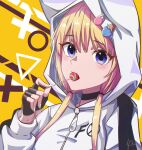 1girl absurdres artist_request black_choker blonde_hair candy choker circle eating eyebrows_visible_through_hair fang fingerless_gloves fingernails food fox_tail gloves grand_(pixiv) hair_between_eyes hair_ornament hairclip hands_in_pockets highres hood hoodie ice_cream_cone ice_cream_cone_on_head jacket kemono_jihen lollipop long_fingernails long_hair long_sleeves looking_at_viewer low_twintails signature solo tail triangle twintails x yellow_background 