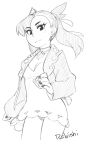  1girl artist_name bangs breasts choker closed_mouth collarbone cowboy_shot dress earrings greyscale hair_ornament highres jacket jewelry long_sleeves marnie_(pokemon) medium_breasts monochrome nail_polish open_clothes open_jacket panties pokemon rob_ishi simple_background sketch solo twintails underwear white_background 