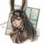  1girl absurdres akira-tama animal_ears bangs black_hair close-up earrings eyewear_on_head face facial_mark final_fantasy final_fantasy_xiv highres jewelry long_hair looking_at_viewer rabbit_ears red_eyes solo swept_bangs viera 