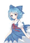  1girl bangs blue_bow blue_dress blue_eyes blue_hair blush bow bowtie cirno closed_mouth collar dress eyebrows_visible_through_hair looking_at_viewer puffy_short_sleeves puffy_sleeves red_neckwear red_ribbon ribbon shirt short_hair short_sleeves simple_background solo touhou white_background white_shirt zhi_xixi 