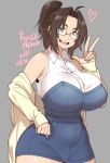  1girl agawa_ryou ahoge armpits artist_name bare_shoulders breasts brown_eyes brown_hair collared_shirt commentary cowboy_shot dated denim_dress dress english_commentary eyebrows_visible_through_hair fang glasses grey_background heart huge_breasts jacket long_hair microdress numbered original ponytail semi-rimless_eyewear shirt sidelocks simple_background sleeveless smile solo upper_teeth v white_shirt yellow_jacket 