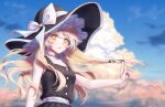  1girl arm_up bangs bare_shoulders black_headwear black_skirt black_vest blonde_hair blue_sky bow breasts closed_mouth clouds cloudy_sky eyebrows_visible_through_hair frills hair_between_eyes hand_up hat hat_bow highres jewelry kirisame_marisa long_hair looking_at_viewer medium_breasts necklace shirt skirt sky sleeveless solo star_(symbol) teeth torinari_(dtvisu) touhou vest white_bow white_shirt yellow_eyes 