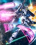  asteroid battle beam_rifle char&#039;s_counterattack commentary_request energy_gun explosion fin_funnels firing funnels green_eyes gundam highres light_particles mecha mobile_suit no_humans nu_gundam science_fiction shield space star_(sky) v-fin weapon youiki 