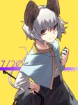  1girl absurdres animal_ears black_skirt blue_capelet capelet closed_mouth dated grey_hair hand_on_hip highres holding jewelry long_sleeves looking_at_viewer mouse_ears mouse_tail nazrin necklace red_eyes reiga_(act000) shirt skirt smile solo tail touhou white_shirt yellow_background 