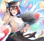  1girl :d animal_ear_fluff animal_ears arm_up balloon bangs benchen06 black_hair black_skirt blurry blurry_foreground blush breasts brown_hair cardigan commentary_request confetti cowboy_shot eyebrows_visible_through_hair floating_hair hair_between_eyes highres hololive large_breasts long_hair long_sleeves looking_at_viewer multicolored_hair nail_polish off_shoulder ookami_mio open_cardigan open_clothes open_mouth red_nails redhead shirt skirt sleeveless sleeveless_shirt smile solo standing streaked_hair very_long_hair virtual_youtuber white_shirt wolf_ears wolf_girl yellow_cardigan 