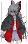  1girl absurdres alternate_costume black_coat blue_shorts bow coat commentary_request contemporary cowboy_shot cropped_legs fujiwara_no_mokou hair_bow hand_in_pocket highres hisha_(kan_moko) long_hair red_bow red_eyes shirt shorts simple_background sleeves_past_fingers sleeves_past_wrists solo sweat touhou white_background white_bow white_hair white_shirt 