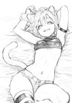  1girl absurdres animal_ears animal_hands armband breasts cat_ears cat_tail crop_top gloves greyscale hands_up highres looking_at_viewer lying medium_breasts micro_shorts monochrome navel_piercing on_back original paw_gloves piercing reiga_(act000) shorts single_thighhigh smile solo tail thigh-highs 