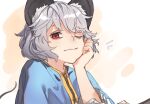  1girl animal_ears bags_under_eyes blue_shirt closed_mouth grey_hair highres looking_at_viewer medium_hair mouse_ears mouse_tail nazrin notice_lines one_eye_closed red_eyes reiga_(act000) shirt solo tail touhou upper_body 