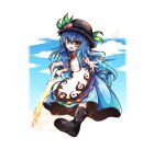  1girl black_footwear black_headwear blue_hair blue_skirt blue_sky boots clouds eyebrows_visible_through_hair food fruit full_body hair_between_eyes hat hinanawi_tenshi holding holding_sword holding_weapon leaf long_hair looking_at_viewer open_mouth outstretched_arms outstretched_hand peach red_neckwear shen_li shiny shiny_hair skirt sky solo sword sword_of_hisou touhou weapon 