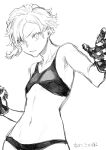  1girl absurdres bare_shoulders bra cowboy_shot gloves greyscale highres leo_(reiga) looking_at_viewer monochrome navel original panties parted_lips reiga_(act000) short_hair simple_background solo underwear white_background 