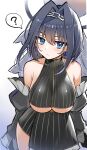  1girl ? bare_shoulders blue_eyes blue_hair breasts crop_top detached_sleeves earrings eyebrows_visible_through_hair hair_intakes highres hololive hololive_english jewelry kaworu_(1030) large_breasts ouro_kronii short_hair simple_background solo under_boob virtual_youtuber white_background zipper 